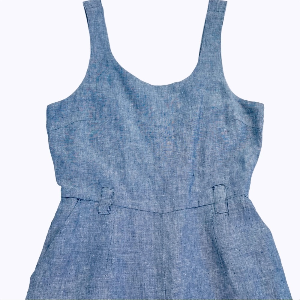 St Tropez West Linen Chambray Jumpsuit Cropped Wide Leg Denim Blue Pockets Sz 2 - Picture 2 of 14